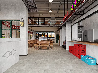 Industrial Style Hot Pot Restaurant Interior With Loft Design Wooden Tables Red Blue Crates 3d model