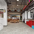 Industrial Style Hot Pot Restaurant Interior With Loft Design Wooden Tables Red Blue Crates