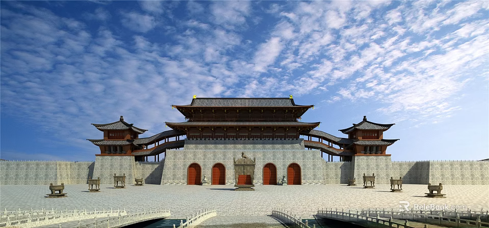 Chinese Traditional Ancient Architecture With Upturned Eaves Red Doors And White Stone Walls 3d model 