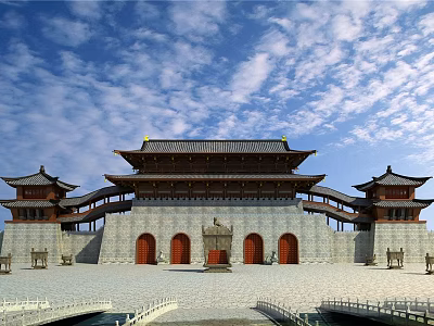 Chinese Traditional Ancient Architecture With Upturned Eaves Red Doors And White Stone Walls 3d model