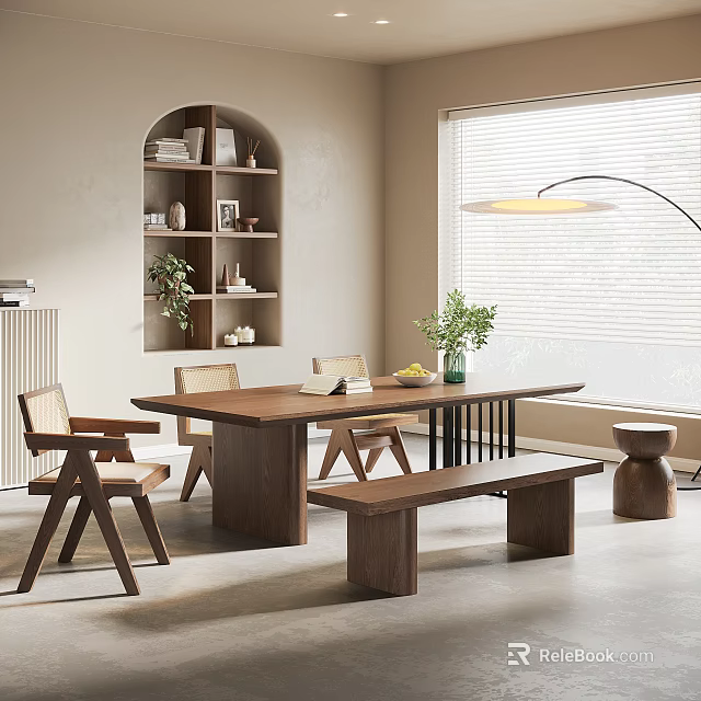 Modern Restaurant Interior With Wooden Dining Table Chairs Bench Shelf Plants And Floor Lamp 3d model 