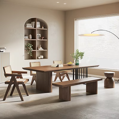 Modern Restaurant Interior With Wooden Dining Table Chairs Bench Shelf Plants And Floor Lamp 3d model
