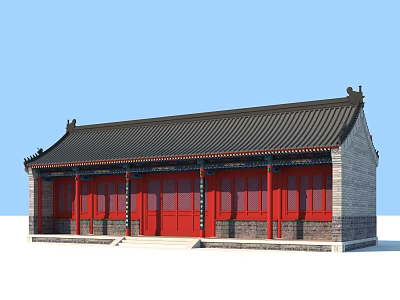Traditional Chinese Ancient Architecture With Red Doors Windows And Black Tiled Roof 3d model
