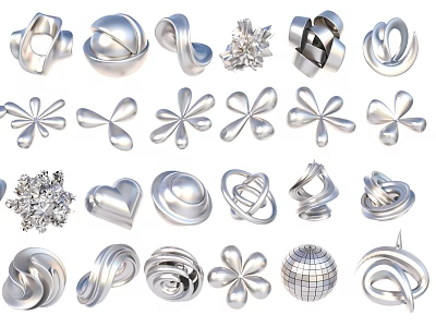 Silver Decorative Ornament Set With Various Geometric Flower Heart And Spiral Shapes 3d model