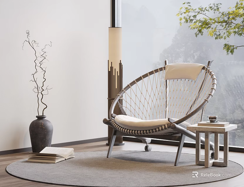 Modern Woven Leisure Chair With White Cushion Side Table Floor Lamp And Green Plant In Minimalist Room 3d model 