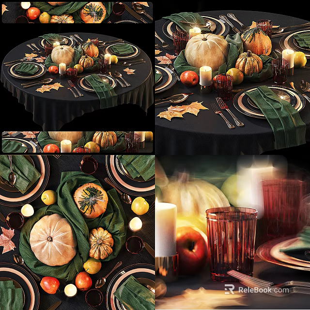 Elegant Table Setting With Black Tablecloth Fresh Pumpkin Vegetables Green Napkins And Candles 3d model 