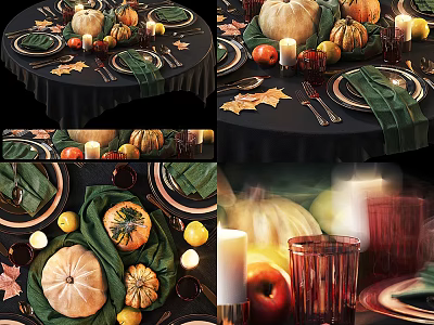 Elegant Table Setting With Black Tablecloth Fresh Pumpkin Vegetables Green Napkins And Candles 3d model