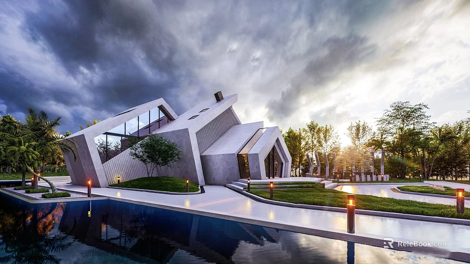 Modern Detached Villa Featuring Unique Geometric Architecture Swimming Pool and Green Garden 3d model 