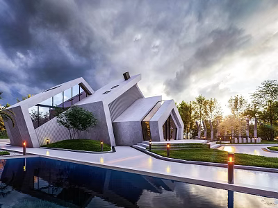 Modern Detached Villa Featuring Unique Geometric Architecture Swimming Pool and Green Garden 3d model
