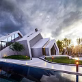 Modern Detached Villa Featuring Unique Geometric Architecture Swimming Pool and Green Garden