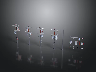 Power Poles With Transformers Insulators Components And Reflections On Black Background 3d model