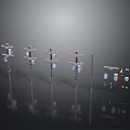 Power Poles With Transformers Insulators Components And Reflections On Black Background