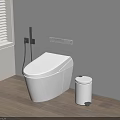 Modern White Toilet With Wall Mounted Control Panel Waste Bin And Wooden Floor