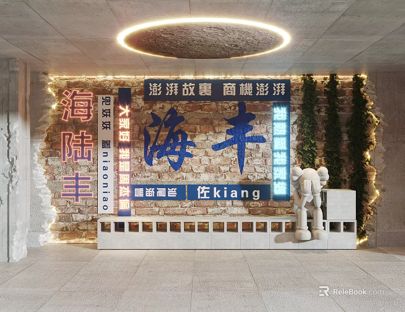 Check in Photo Spot With Brick Wall Neon Signs Green Plant Wall And Kiang Figure Model 3d model 