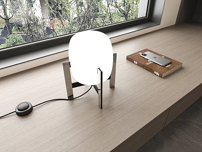 Modern Desk Lamp With White Round Lampshade And Metal Stand On Wooden Tabletop By Window With Green Plants 3d model