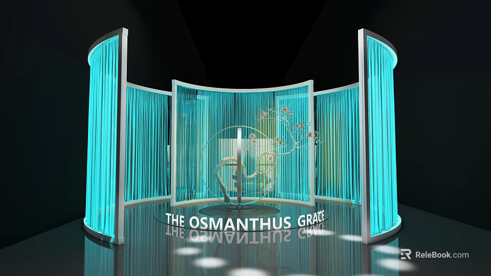 Elegant Photo Check In Spot With Blue Curtains Curved Structure Osmanthus Decor And Lighting 3d model 