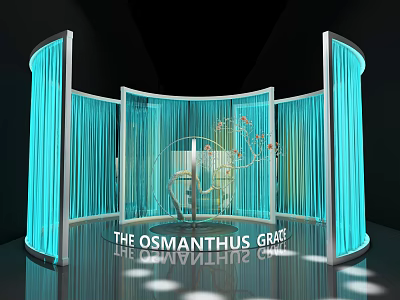Elegant Photo Check In Spot With Blue Curtains Curved Structure Osmanthus Decor And Lighting 3d model