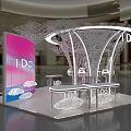 I Do Exhibition Booth Featuring Modern Curved Structure Cloud Decorations Pink Background And Elegant Lighting 3d model