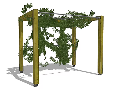 Lush Green Vines Climbing On Wooden Pergola With Sturdy Posts And Overhead Beams 3d model