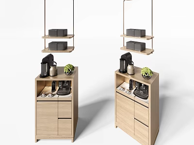 Modern Sideboard With Coffee Machine Green Plant And Hanging Shelves 3d model