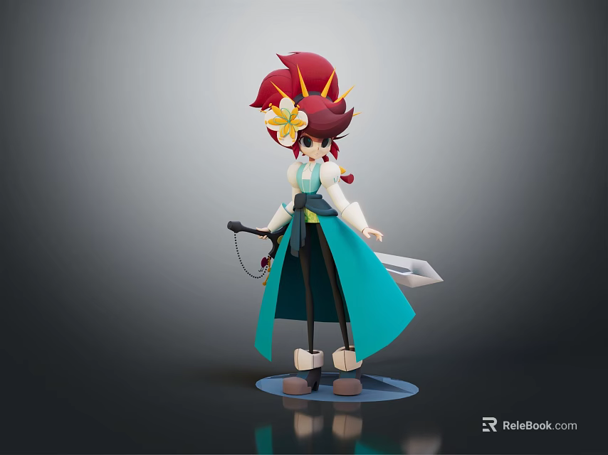 Cartoon Style Female Character With Red Hair Yellow Flower Turquoise Robe Holding Sword And Staff 3d model 