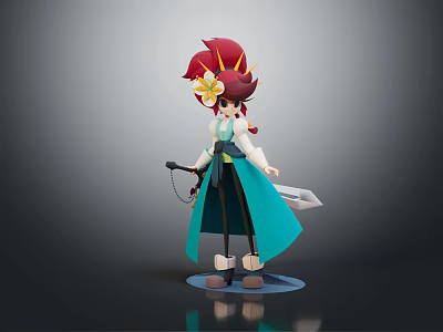 Cartoon Style Female Character With Red Hair Yellow Flower Turquoise Robe Holding Sword And Staff 3d model