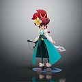Cartoon Style Female Character With Red Hair Yellow Flower Turquoise Robe Holding Sword And Staff