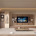 Modern Living Room Interior With Wooden TV Wall Carpet Shelves And Ambient Lighting