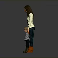 Woman Wearing White Sweater And Blue Pants Holding Little Boys Hands On Gray Background