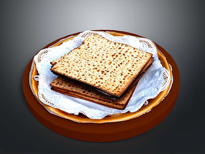 Traditional Matzah Stacked On Wooden Plate With White Lace Paper Liner 3d model