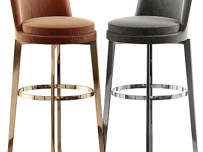 Brown and Gray Bar Stools with Velvet Seats and Gold Black Metal Legs Ring Accents 3d model