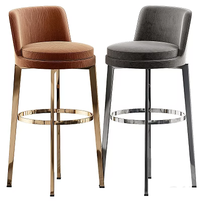 Brown and Gray Bar Stools with Velvet Seats and Gold Black Metal Legs Ring Accents 3d model