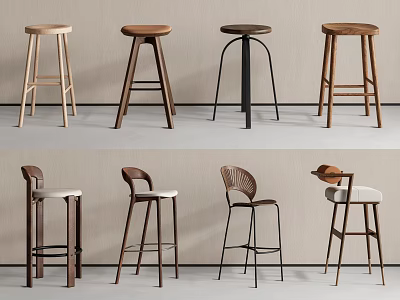 Modern Bar Stools Collection Featuring Various Wooden and Metal Frame Designs 3d model