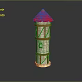 3D Model Tower With Red Roof Multi Level Stone Structure Wooden Beams And Yellow Base