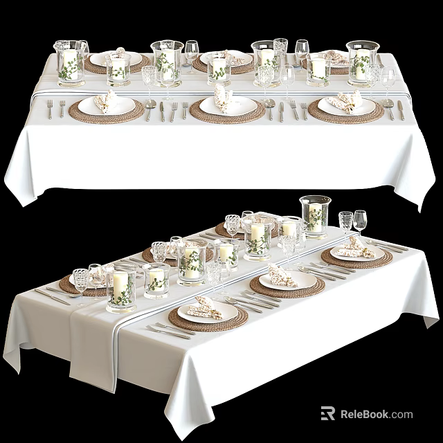 Elegant Dinnerware Set With Placemats Glassware Napkins Cutlery And Table Setting 3d model 
