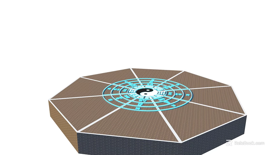 Octagonal Structure Featuring Yin Yang Symbol Blue Circular Patterns And Brown Surface 3d model 