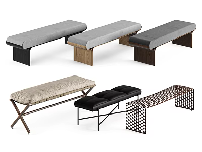 Modern Benches With Upholstered Padded Seats Wooden Metal Frames Cross Legs And Lattice Design 3d model