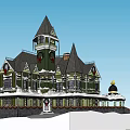 Snow Covered Detached Villa With Pitched Roof Turrets And Green White Exterior