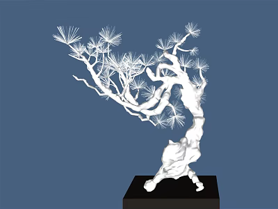 White Bonsai Tree With Curved Trunk And Pine Needle Leaves On Black Base 3d model