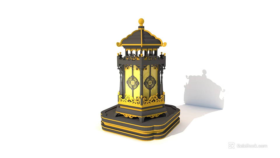 Outdoor Lamp In Traditional Chinese Lantern Shape With Golden Black Carved Design And Ornate Base 3d model 