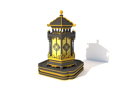 Outdoor Lamp In Traditional Chinese Lantern Shape With Golden Black Carved Design And Ornate Base 3d model