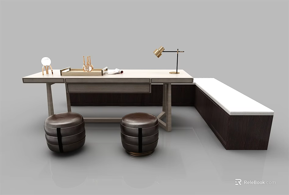 Modern Home Office Desk With Table Lamp Cups Notebook And Ottoman Stools 3d model