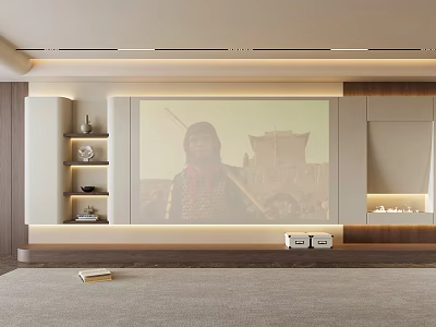 Modern Living Room Interior With Large Projection Screen Wooden Shelves And Ambient Lighting 3d model
