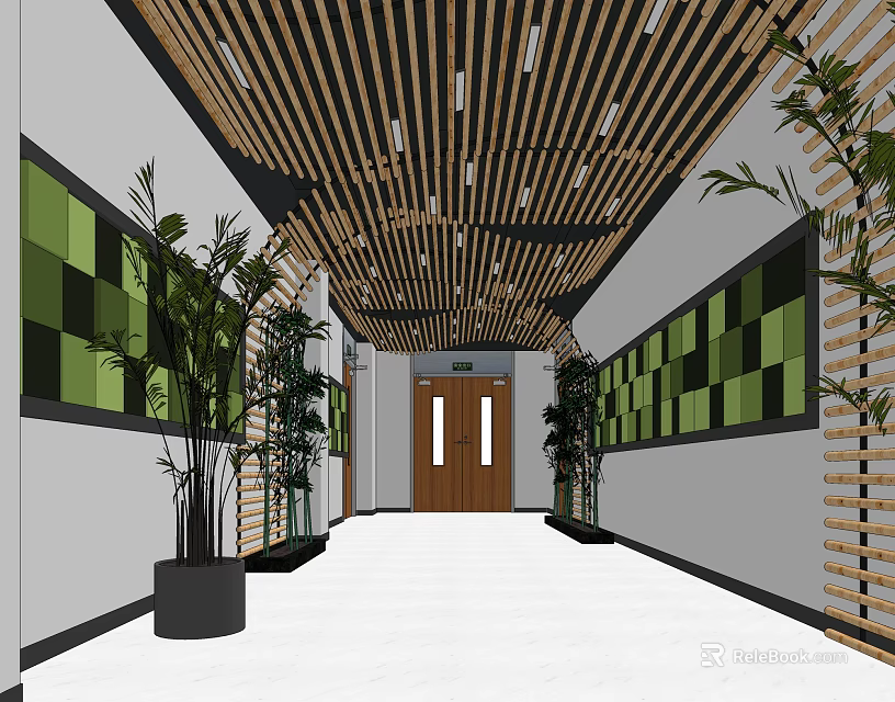 Modern Elevator Hallway Interior With Wooden Ceiling Green Wall Panels And Plants 3d model 