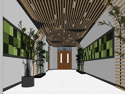 Modern Elevator Hallway Interior With Wooden Ceiling Green Wall Panels And Plants 3d model