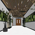 Modern Elevator Hallway Interior With Wooden Ceiling Green Wall Panels And Plants