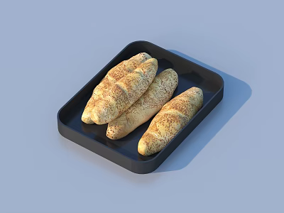 Fresh Baguette Bread on Black Tray with Sesame Seeds and Textured Surface 3d model