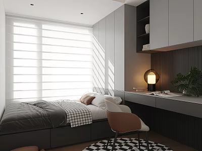 Modern Tatami Bedroom Interior With Large Shutter Windows Sunlight Desk Table Lamp And Green Plant 3d model