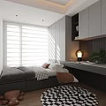 Modern Tatami Bedroom Interior With Large Shutter Windows Sunlight Desk Table Lamp And Green Plant