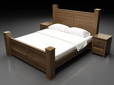 Wooden Bed With Headboard And Nightstand White Sheets And Pillows Bedroom Furniture 3d model